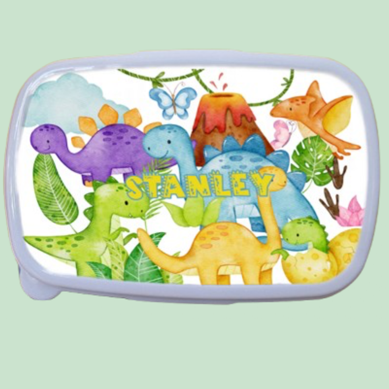 Children's lunch box with dinosaur design and name 'Stanley' on a light green background