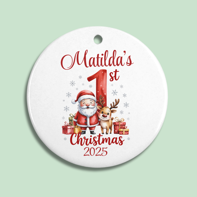 Round Christmas ornament with Santa Claus, reindeer, and presents on a light green background